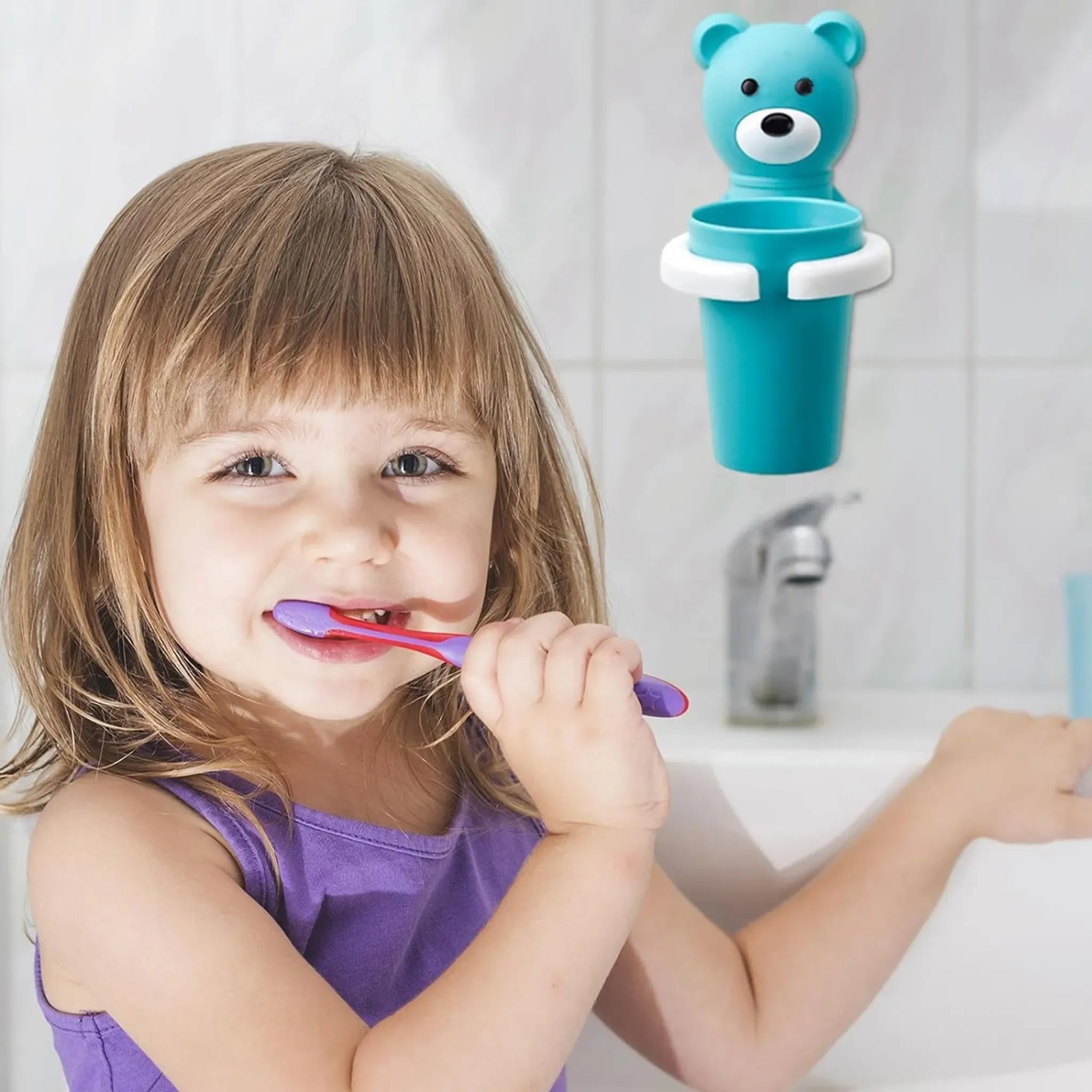 Kinder-Zahnbürstenhalter mit Becher – Wandmontage ohne Bohren